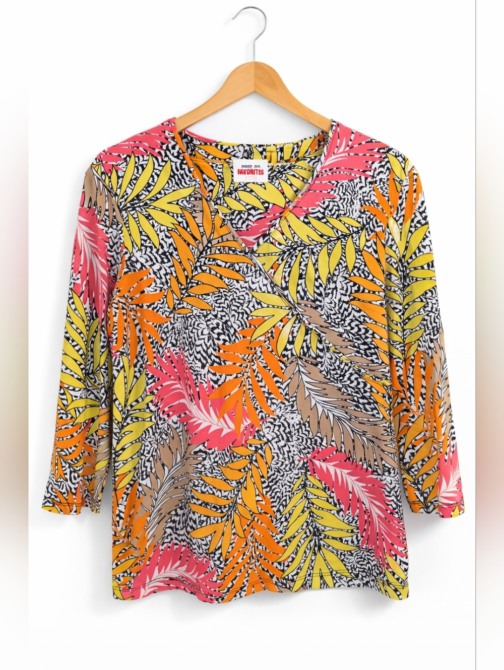 Ruby Rd. Favorites Tropical Leaf Print Faux-Wrap Top 3/4 Sleeve